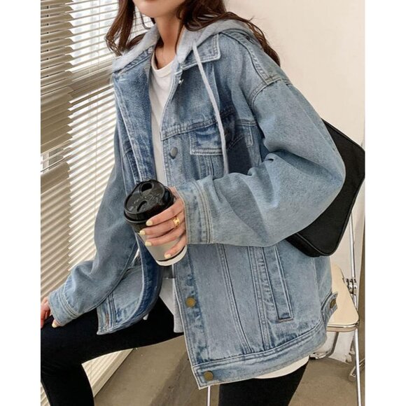 Women's Oversized Denim Jacket Hooded Distressed Cotton Polyester Casual - Picture 2 of 5